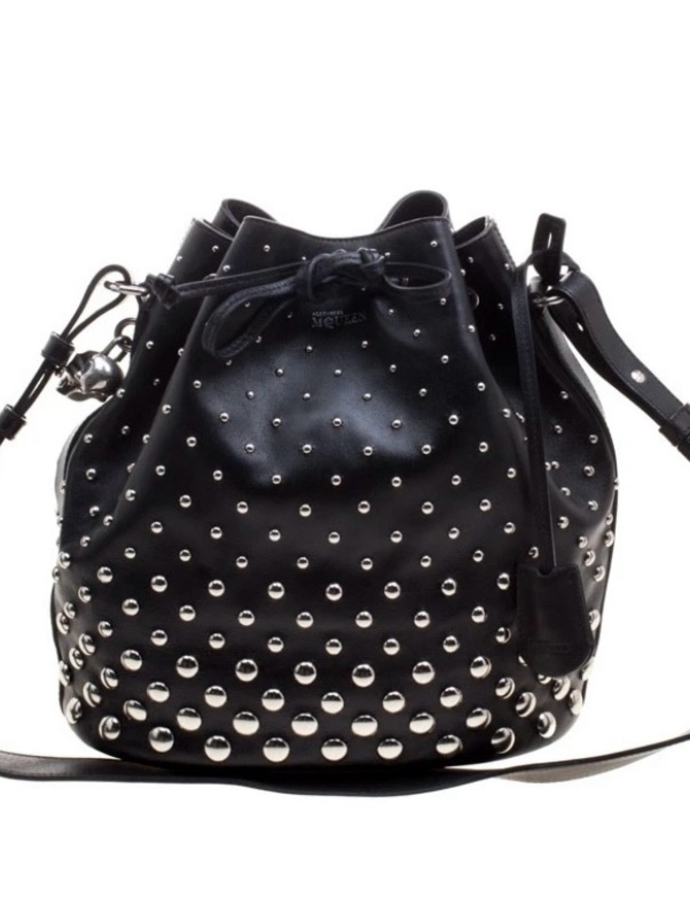 Alexander McQueen Black Leather Studded Padlock Drawstring Bucket Shoulder
Bag 💀